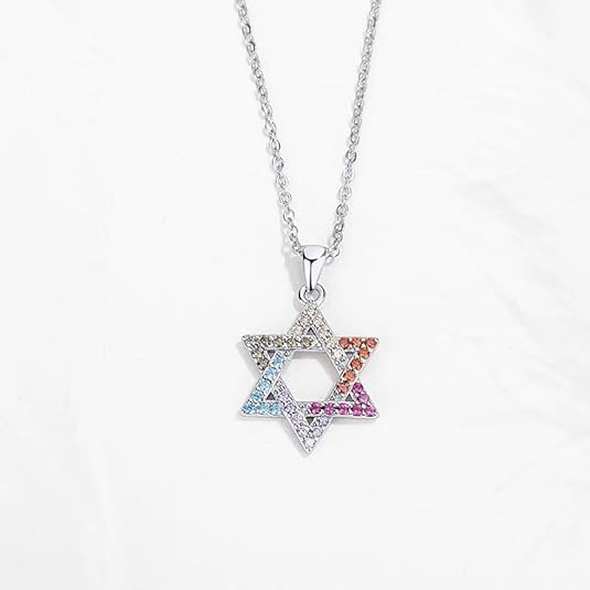 Colorful Hexagram Star of David Necklace - Silver (Rhodium Plated)