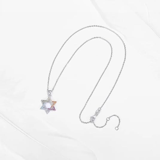 Colorful Hexagram Star of David Necklace - Silver (Rhodium Plated)