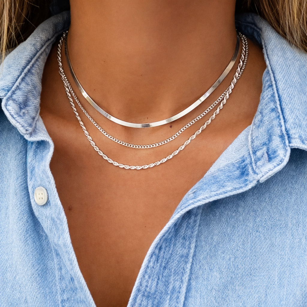 Silvia Trio Silver Necklaces Stack