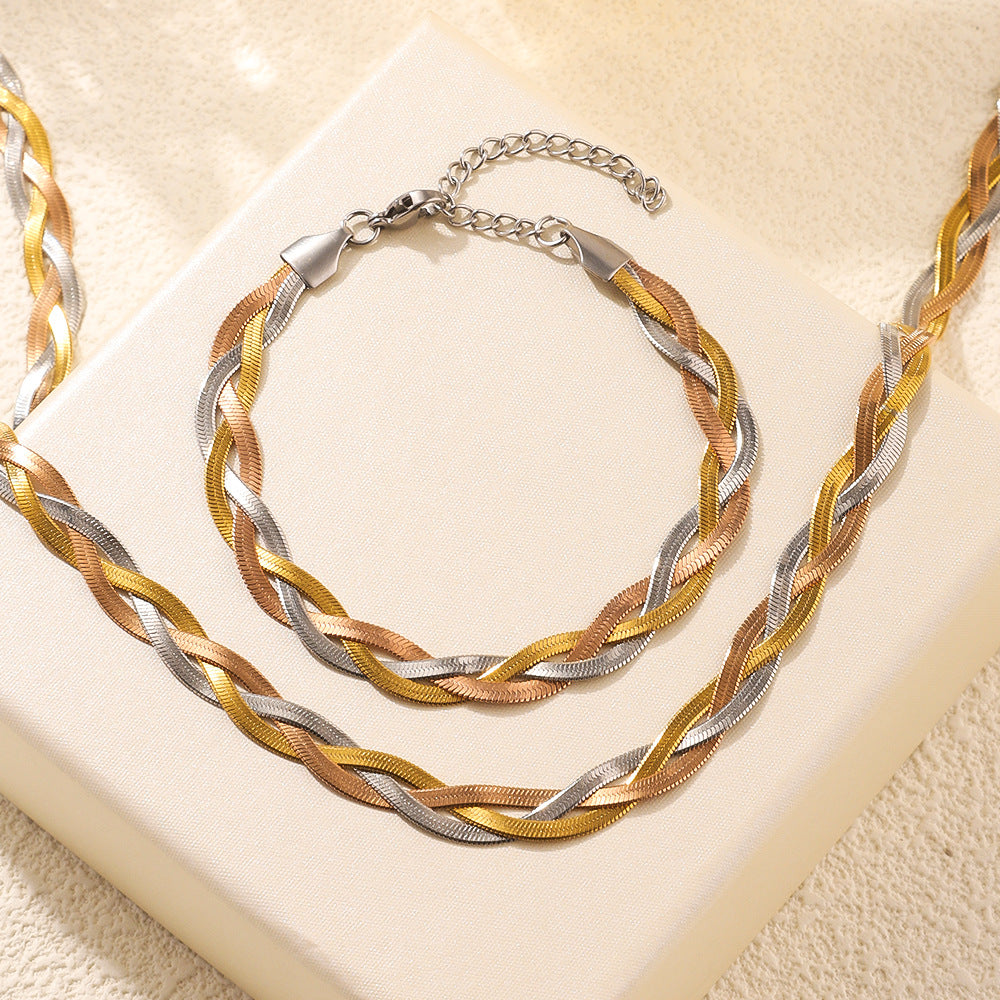 Stella Braided Herringbone Set |  Necklace & Bracelet Set Mixed Gold & Silver